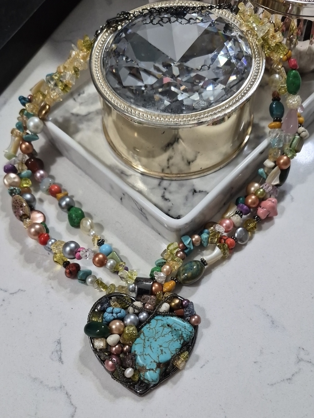 Multicolor Beaded Heart Pendant Necklace And Earring Set - Women's Jewelry